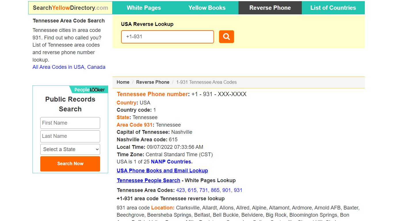 Tennessee Area Code 931 Reverse Phone Number Lookup